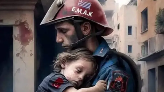 An AI-generated image of a fireman holding a child