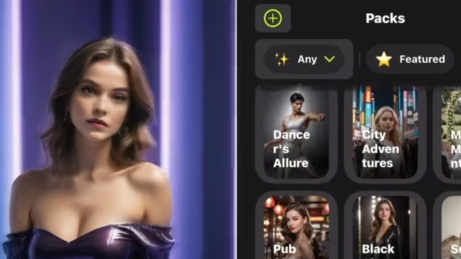 AI-made image of what appears to be an AI model posing in an off the shoulder dress in a declothing app
