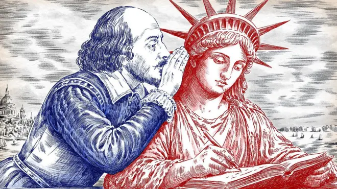 رسم تعبيري يظهر رجلاً يتحدث إلى تمثال الحرية