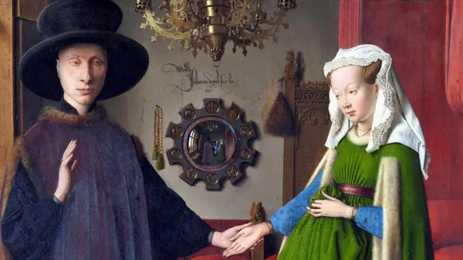Detalle de Retrato de Giovanni (?) Arnolfini y su esposa y 'El retrato de Arnolfini', pintado en 1434 por Jan van Eyck con oleo en roble, (82,2 x 60 cm) © The National Gallery, London
