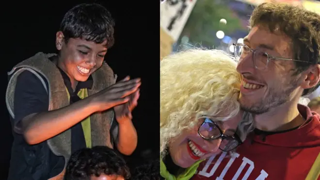 A Gaza child in Gaza and an Israeli wman and man in Tel Aviv smile at the news of the ceasefire agreement