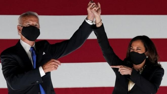 Democratic presidential candidate and former Vice President Joe Biden and U.S. Senator and Democratic candidate for Vice President Kamala Harris celebrate after Joe Biden accepted the 2020 Democratic presidential nomination