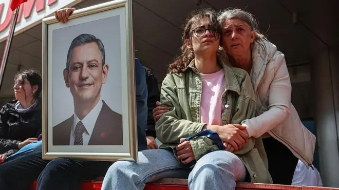 CHP Genel Merkezi girişinde polis müdahalesini endşeli gözlerle izleyen iki kadın Özel taraftarı. Biri ağlıyor gibi görünüyor. Yanlarında Özel fotoğrafı var.