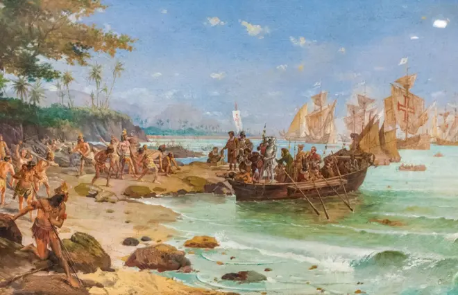 Desembarque dos portugueses em Porto Seguro, conforme obra de Oscar Pereira da Silva, de 1904