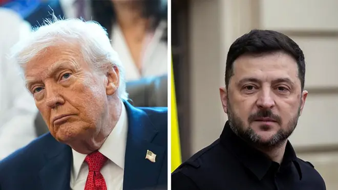 米ホワイトハウスの執務室に座る紺のスーツ姿のトランプ大統領と、ウクライナ・キーウのマリインスキー宮殿前に立つ、黒いジャケットとシャツ姿のゼレンスキー大統領の写真が並べてある