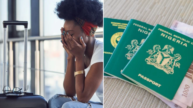 Woman wey dey cover her face wit passport by di side