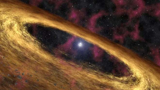 ภาพจำลองดาวนิวตรอนท่ามกลางกลุ่มฝุ่นและก๊าซร้อนหมุนวน