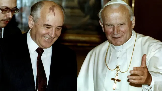 Mikhail Gorbachev with Pope John Paul II at the Vatican. The Polish cleric was a vocal opponent of Communism and the Soviet sphere of influence.