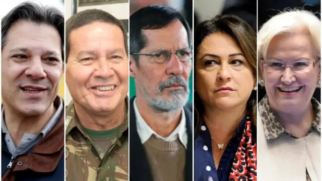Da esq, os vices dos cinco candidatos que aparecem mais bem colocados nas pesquisas: Fernando Haddad, General Mourão, Eduardo Jorge, Kátia Abreu e Ana Amélia