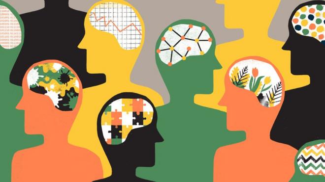 Ilustração mostra diversas pessoas, com cores diferentes e mecanismos diferentes no lugar do cérebro, como engrenagens, flores ou peças de quebra-cabeça