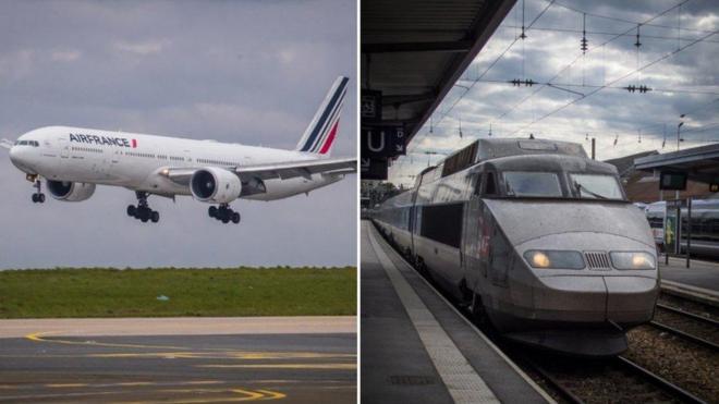 Duas imagens lado a lado: uma mostrando um Boeing 777 da Air France, e a outra um trem TGVcomo jogar o fruit slotsalta velocidade