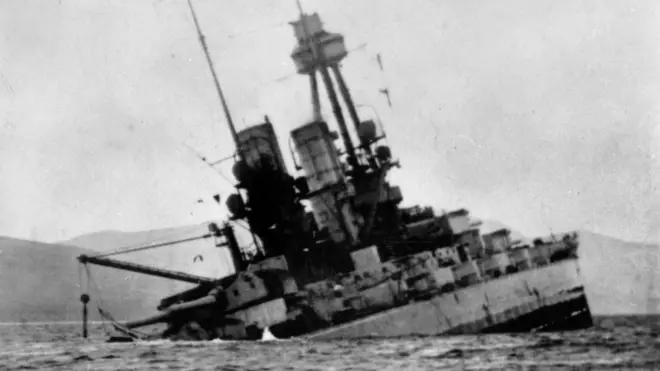 The Bayern, the largest German battleship, just minutes before it finally sank beneath the waves