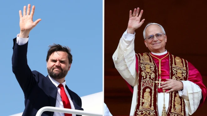 Montagem mostra vice-presidente americano, J.D. Vance, e novo papa, Robert Prevost..