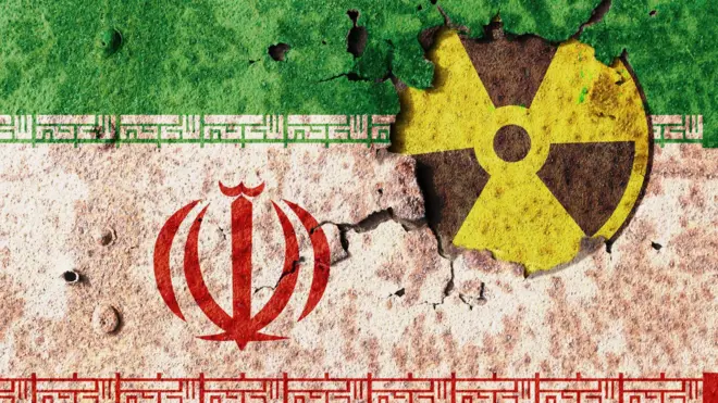 İran bayrağı ile iç içe geçmiş radyasyon uyarı işareti.