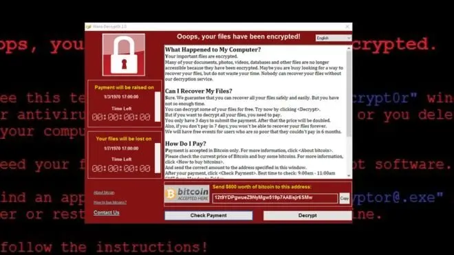 มัลแวร์เรียกค่าไถ่ชื่อ WannaCry เข้าปิดล็อกระบบคอมพิวเตอร์ในหลายประเทศและเรียกร้องเงินค่าไถ่เพื่อปลดล็อก