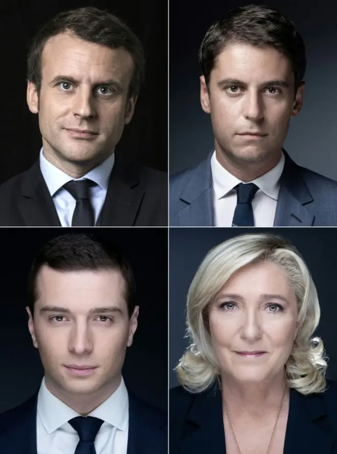 Cette combinaison de photographies créée le 16 juin 2024 montre le président français et fondateur du parti politique centriste français Renaissance et président d'honneur Emmanuel Macron (en haut à gauche) à Paris le 7 mars 2017, le Premier ministre français Gabriel Attal (en haut à droite) à Paris le 23 septembre 2020, le président du parti d'extrême droite français Rassemblement national (RN) Jordan Bardella (en bas à gauche) à Paris le 5 mai 2021 et la dirigeante du parti d'extrême droite français Rassemblement national (RN) Marine Le Pen (en bas à droite) à Paris le 20 octobre 2021.