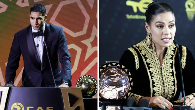 Paris Saint-Germain Moroccan defender Achraf Hakimi and Al-Hilal forward Ghizlaine Chebbak afta dem receive Caf award for 2025 African player of di year under di men and women category for Morocco