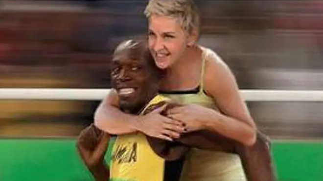 Un tuit de Ellen DeGeneres con un fotomontaje de ella sobre la espalda de Usain Bolt y el texto: "Así es como haré mis mandados de ahora en adelante"