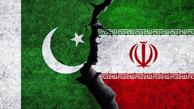 A graphic showing a faultline between the flags of Pakistan and Iran