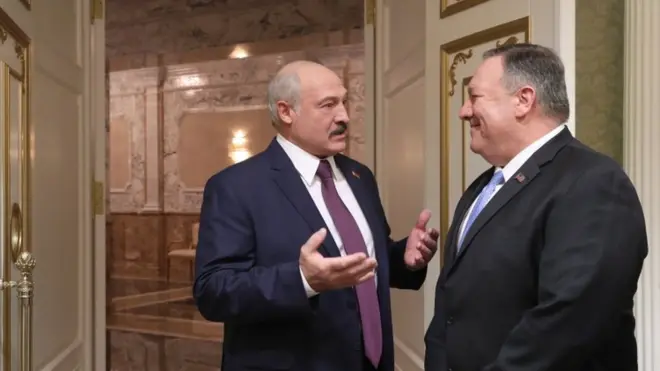 Mr Pompeo (R) is the first US secretary of state to visit Belarus since Mr Lukashenko (L) came to power in 1994