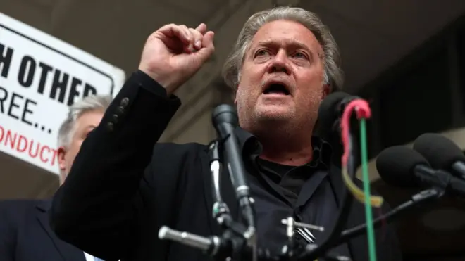 Steve Bannon speaks to reporters outside court on Thursday