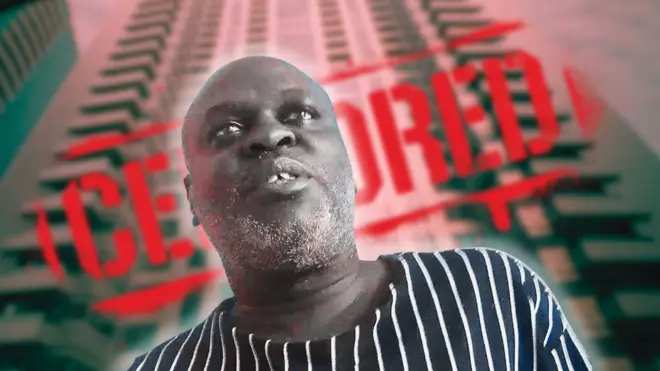 Колаж - Мвесігва на тлі висотки Дубая та розмитого напису Censored