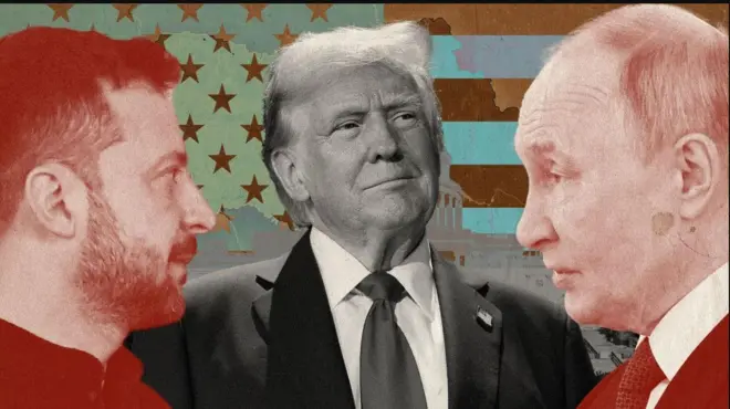 ترامب (وسط) وبوتين (يمين) وزيلينسكي (يسار)