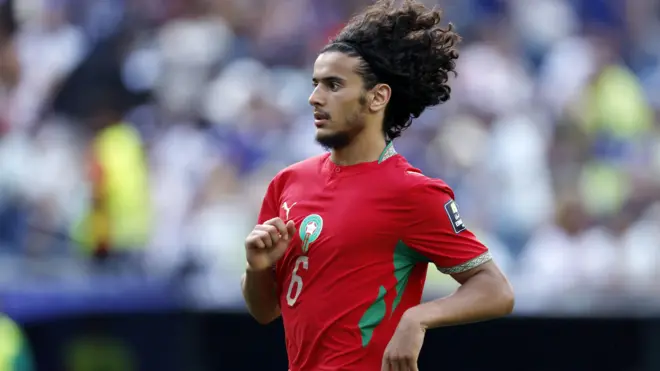 أيوب بوعدي، لاعب منتخب المغرب، خلال مباراة ربع نهائي كأس العالم 2026 بين فرنسا والمغرب، على ملعب بوسطن في فوكسبره بولاية ماساتشوستس الأمريكية، في 9 يوليو/تموز 2026