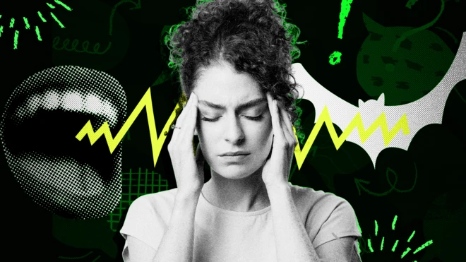 A woman with her hands over her temples and her eyes closed.