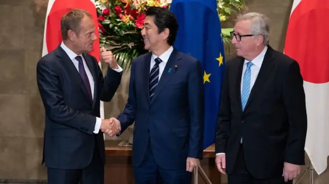 Tusk, Abe, Juncker (soldan sağa)