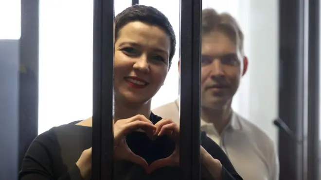 Maria Kolesnikova smiled and made heart signs when she appeared in court after 11 months in jail