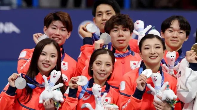 赤いそろいのウェアを着たチームのメンバーらが、首にかけたメダルを右手で持ち上げている。左手には大会マスコットのぬいぐるみを持っている。全員が笑顔を見せている