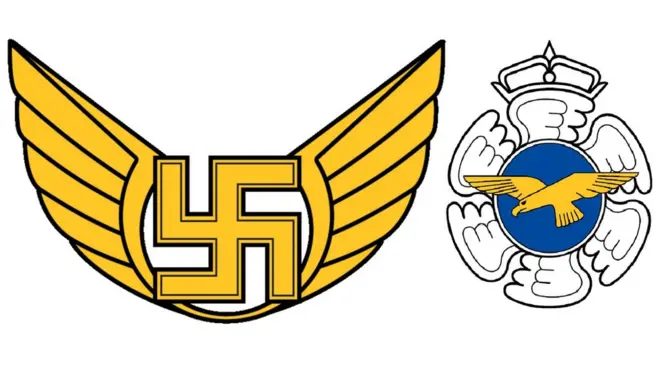 The old emblem for the Finnish Air Force Command (left) featured a swastika, but the current emblem of the force does not