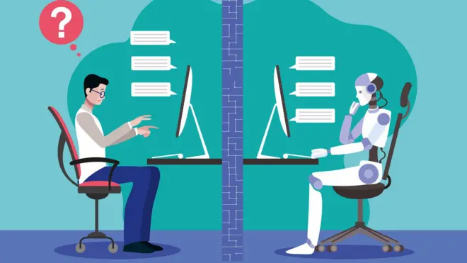 رسم بياني يُظهر شخصاً وروبوتاً يجلسان متقابلين، يفصل بينهما جدار أزرق، وكلاهما أمام جهاز كمبيوتر، وتظهر فقاعات كلامية تُشير إلى أنهما يتحدثان مع بعضهما. فوق الشخص فقاعة تفكير تحتوي على علامة استفهام.