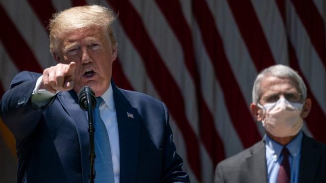 Dr. Anthony Fauci looks on as U.S. President Donald Trump delivers remarks about coronavirus vaccine development in the Rose Garden of the White House on May 15, 2020 in Washington, DC.