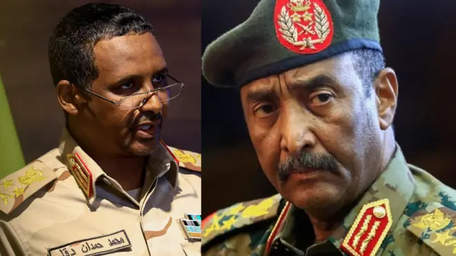 Imishamirano yo muri Sudani ihagaze hagati ya Jenerali Mohamed Hamdan Dagalo (i bubamfu) arngoye RSF, na Jenerali Abdel Fattah al-Burhan arongoye ubutegetsi bwa gisirikare (i buryo)