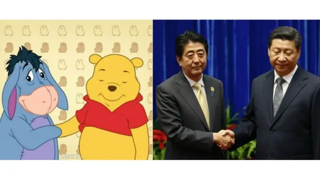 Jabat tangan 'kaku' antara Presiden Xi dan PM Abe dari Jepang dan meme salaman Winnie the Pooh dan Eeyore.