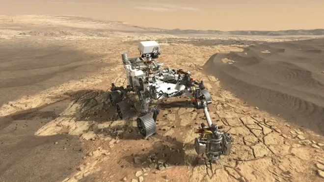 ภาพจำลองหุ่นยนต์สำรวจ Perseverance ที่มีอุปกรณ์ผลิตออกซิเจนติดตั้งอยู่