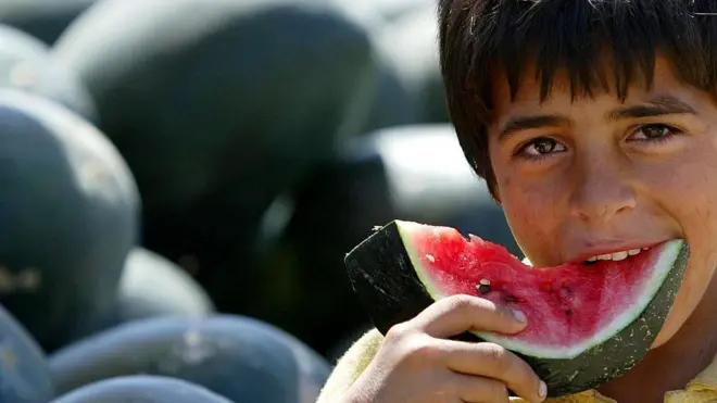 A little boy eating a slice of watermelon