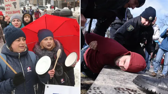 Марша за права жінок у Києві (ліворуч) та Львові (праворуч)