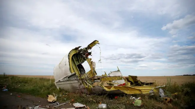 A part of the wreckage (debris) is seen at the crash site of the Malaysia Airlines Flight MH17