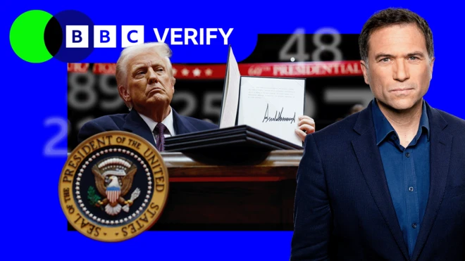 Graphic showing Trump holding up an executive order and Ros Atkins in the foreground