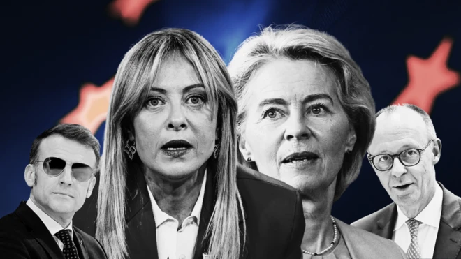 Macron, Von Der Leyen, Meloni ve Merz'i içeren bir kolaj.