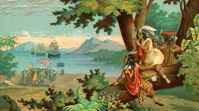 Ilustración de Colón llegando a América.