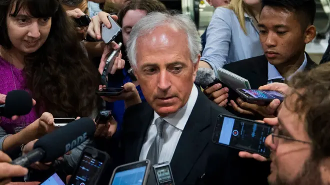 Republican Senator Bob Corker speaks to reporters in the US Capitol on 6 June 2017