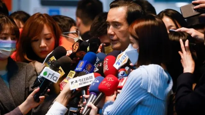 Former Taiwan President Ma Ying-jeou speaks to the media at the airport before departing on a visit to China, as for the first time a former or current Taiwanese leader will be visiting since the defeated Republic of China government fled to the island in 1949, in Taoyuan, Taiwan March 27, 2023