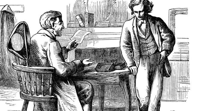 A sketch of two gentlemen reading by a table