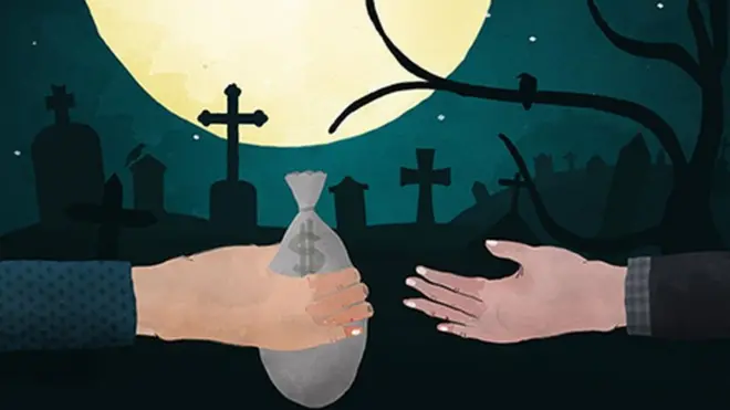 Painting of a bag of cash being handed over in a cemetery