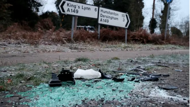 Debris at the scene where Prince Philip was involved in a traffic accident