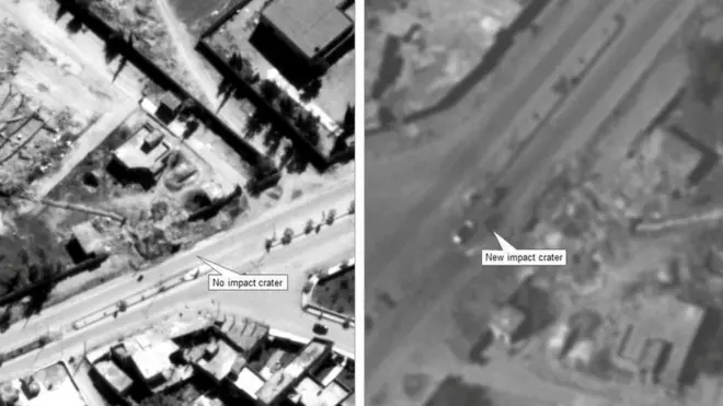 Departemen Pertahanan Amerika Serikat menerbitkan gambar sebelum dan serangan rudal Amerika Serikat.